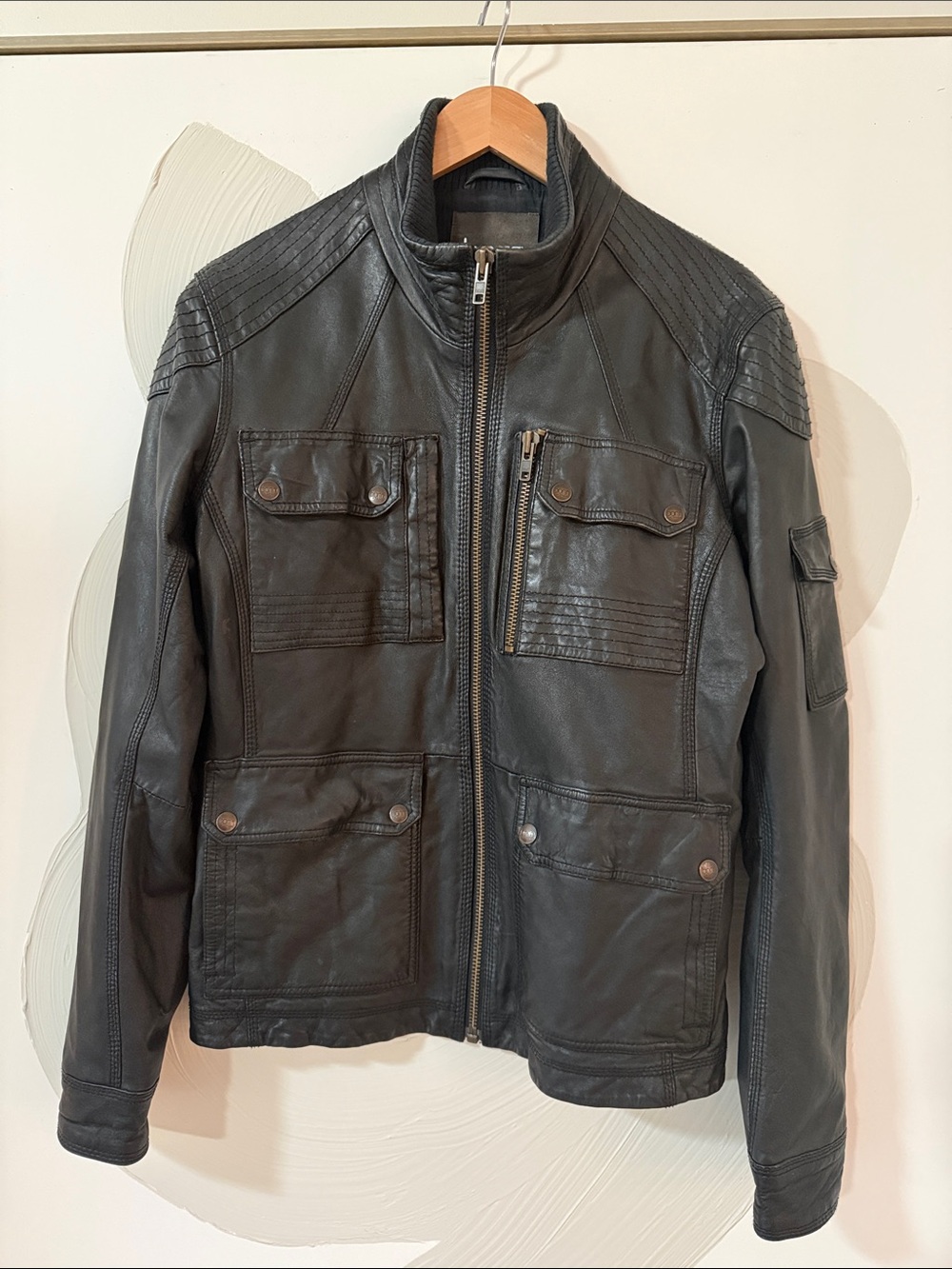 Born by Ted Baker Black Leather Utility Moto Jacket Multi Pocket men’s size 3/M